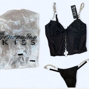 KIKI LINGERIE SET GENERATION KISS Black cropped bustier top- thong set DollsKill